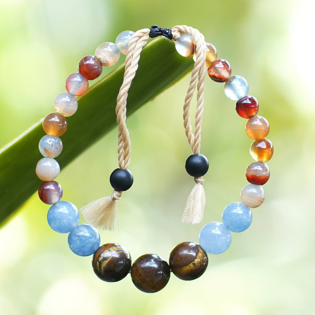 Adjustable Aquamarine and Tiger's Eye Bracelet Made in Bali - Tranquil Soul