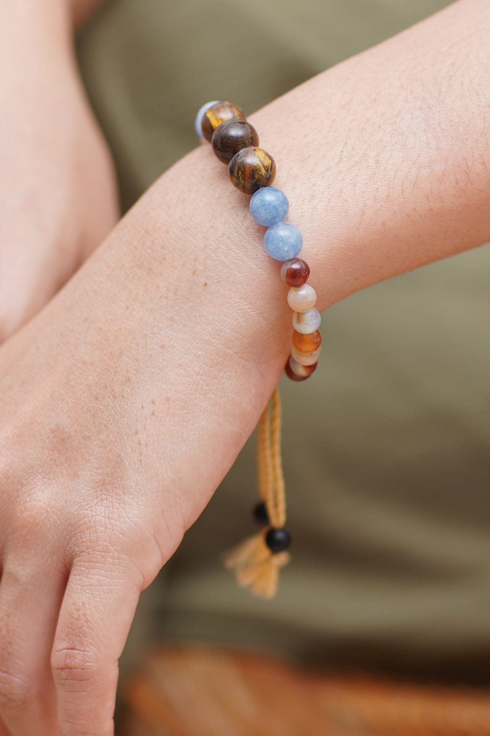 Adjustable Aquamarine and Tiger's Eye Bracelet Made in Bali - Tranquil Soul