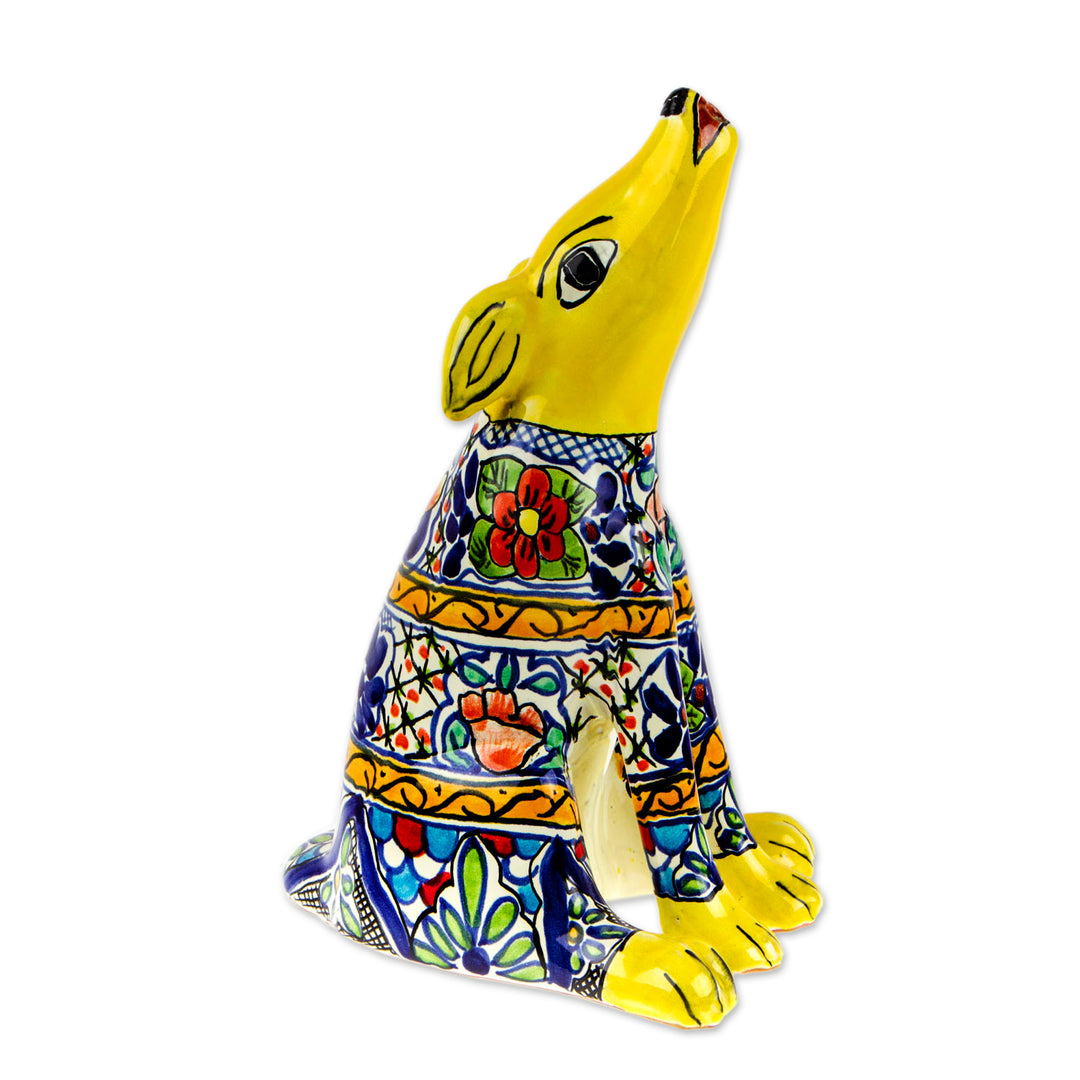 Hand-Painted Talavera Style Yellow Ceramic Coyote Sculpture - Yellow Talavera Coyote