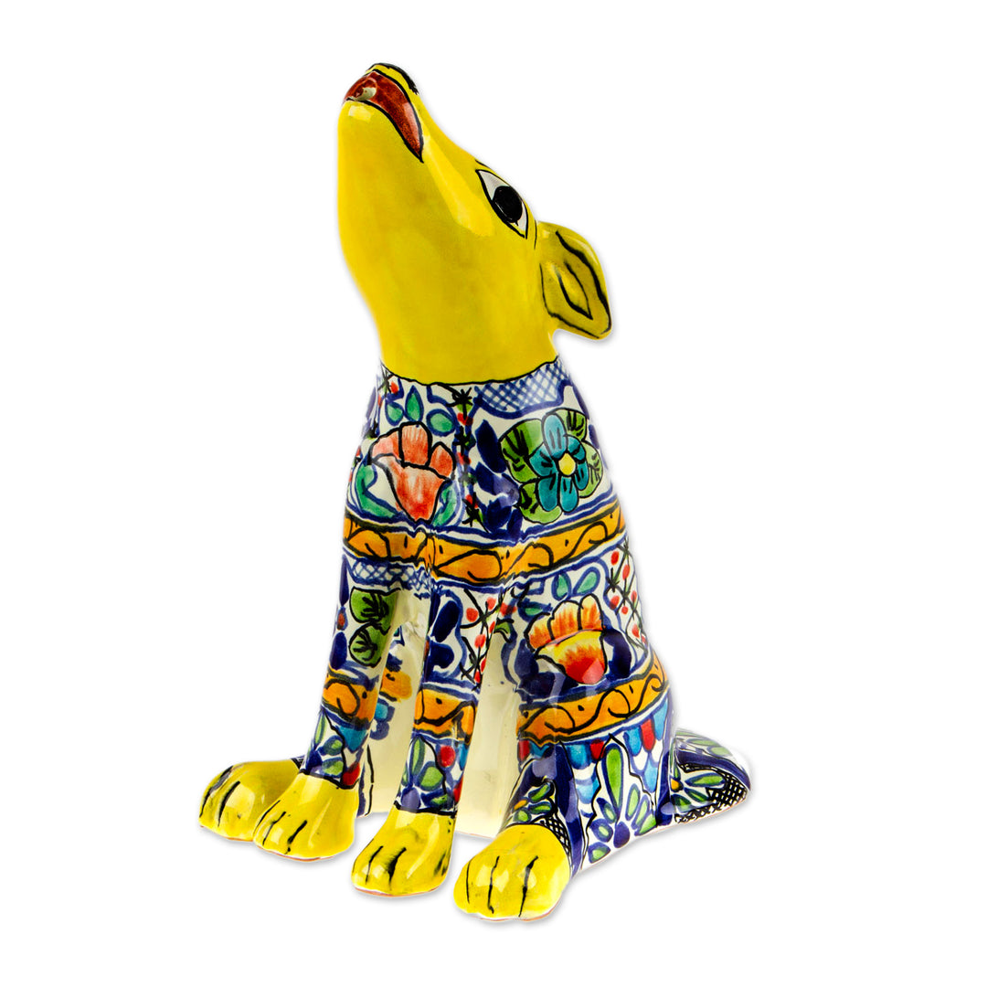 Hand-Painted Talavera Style Yellow Ceramic Coyote Sculpture - Yellow Talavera Coyote