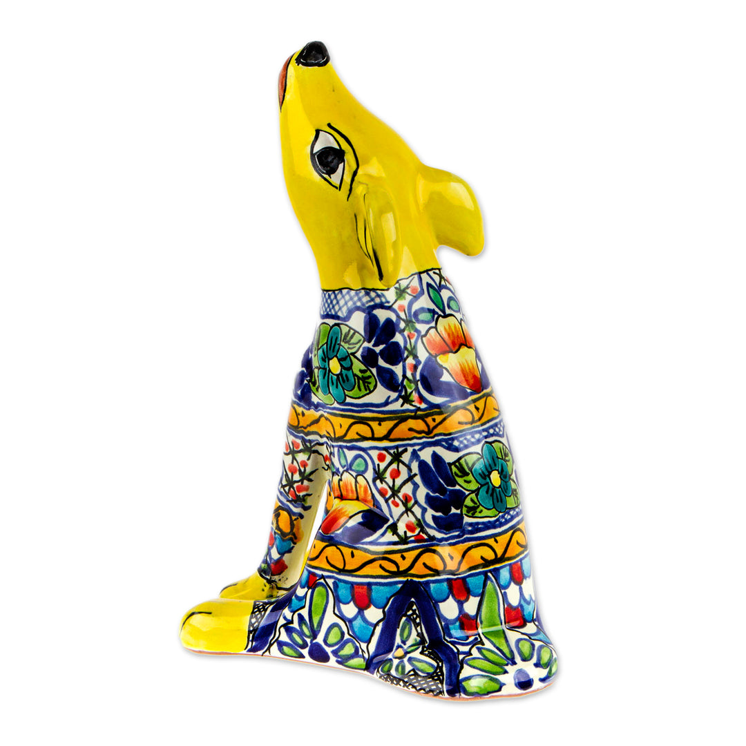 Hand-Painted Talavera Style Yellow Ceramic Coyote Sculpture - Yellow Talavera Coyote