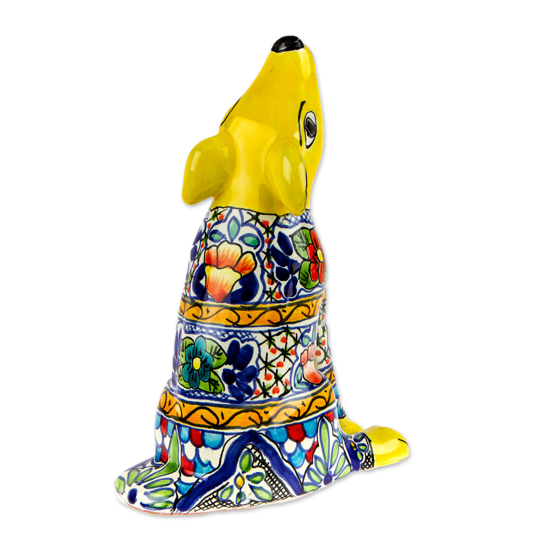 Hand-Painted Talavera Style Yellow Ceramic Coyote Sculpture - Yellow Talavera Coyote
