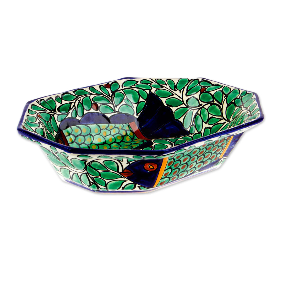 Talavera Style Hand-Painted Fish-Themed Ceramic Serving Bowl - Fish Fiesta