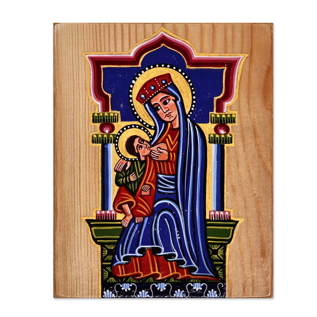 Folk Art Painted Virgin Mary and Jesus Beech Wood Wall Art - Virgin Mary with Jesus