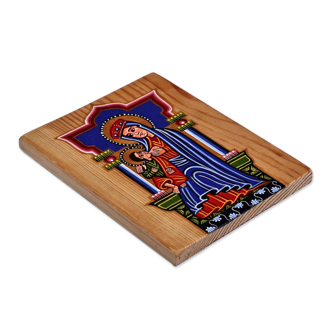 Folk Art Painted Virgin Mary and Jesus Beech Wood Wall Art - Virgin Mary with Jesus