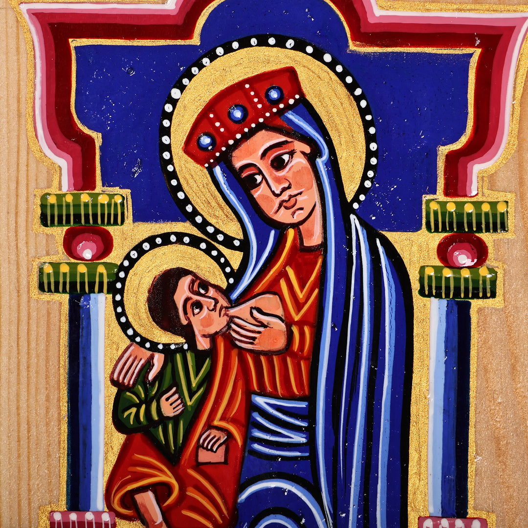 Folk Art Painted Virgin Mary and Jesus Beech Wood Wall Art - Virgin Mary with Jesus