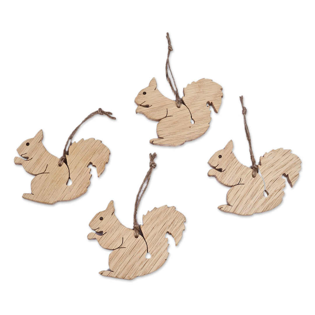 Set of 4 Hand-Carved Squirrel-Shaped Beech Wood Ornaments - Squirrel Fest