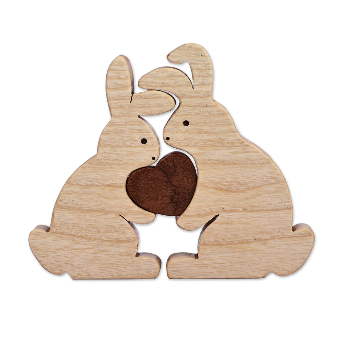 Romantic Handmade Bunny-Shaped Three-Piece Wood Sculpture - Hopping Love