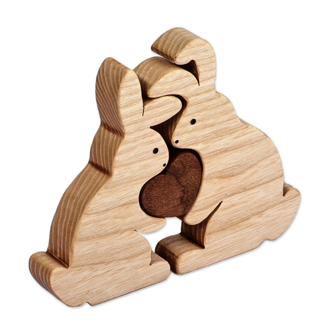 Romantic Handmade Bunny-Shaped Three-Piece Wood Sculpture - Hopping Love