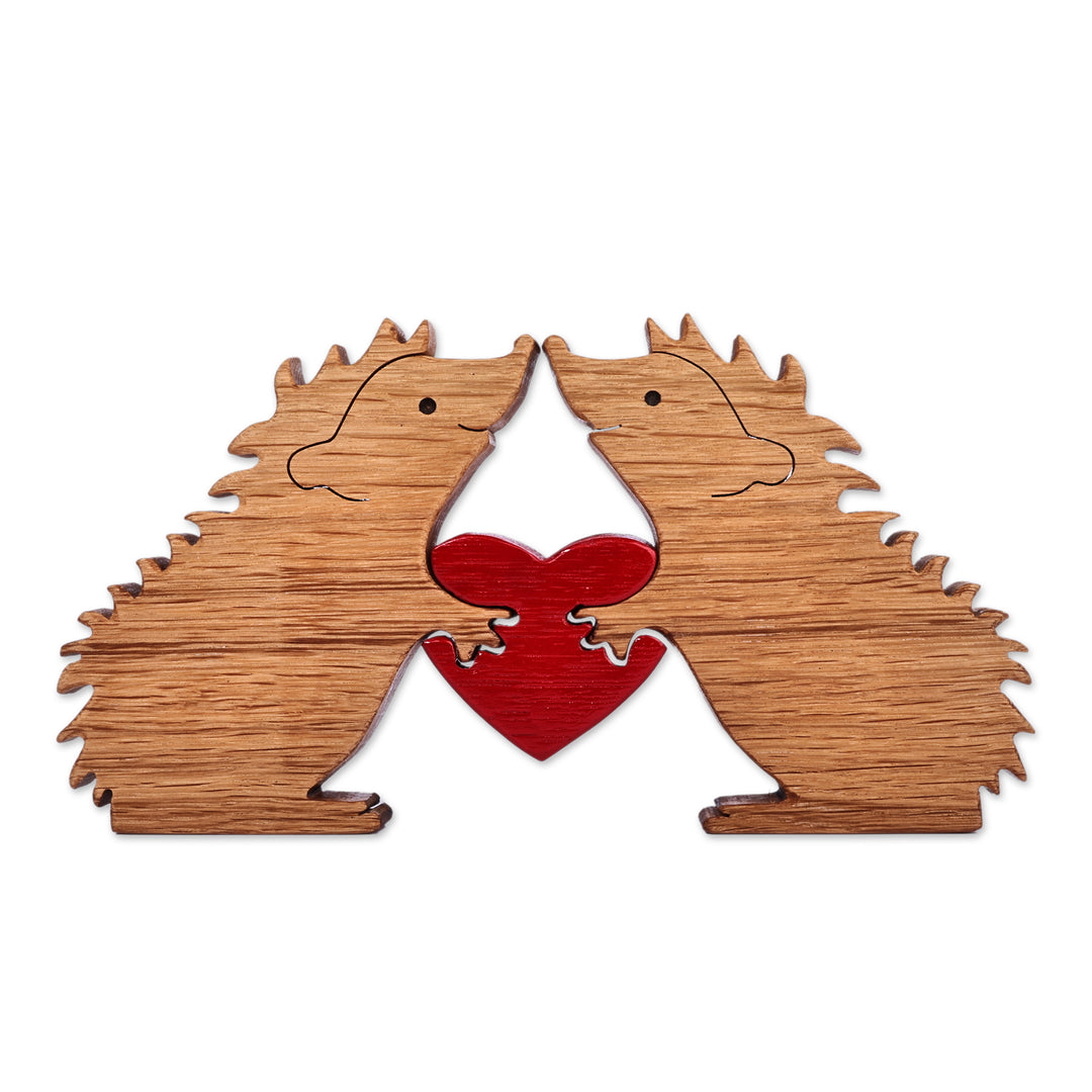Armenian-Made Romantic Three-Piece Wood Hedgehog Sculpture - Spiky Love