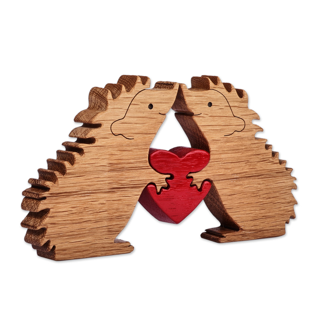 Armenian-Made Romantic Three-Piece Wood Hedgehog Sculpture - Spiky Love