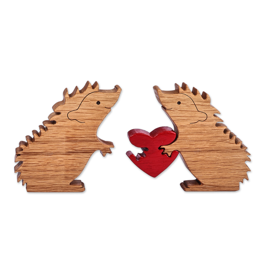 Armenian-Made Romantic Three-Piece Wood Hedgehog Sculpture - Spiky Love