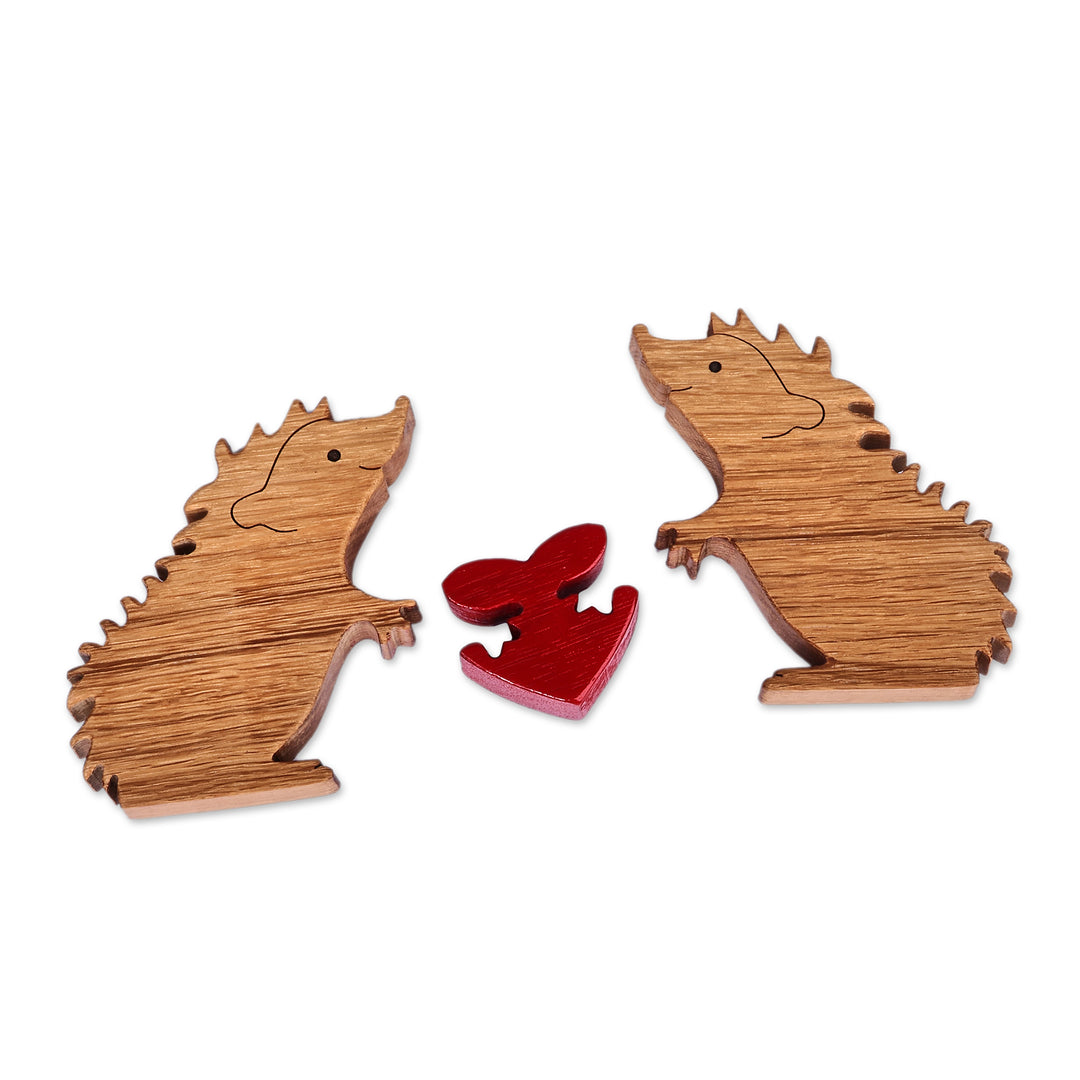 Armenian-Made Romantic Three-Piece Wood Hedgehog Sculpture - Spiky Love