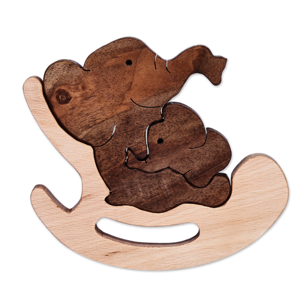 Hand-Carved Elephant-Themed 3-Piece Wood Puzzle Sculpture - Nesting Trunks