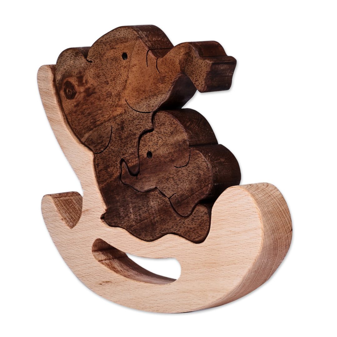 Hand-Carved Elephant-Themed 3-Piece Wood Puzzle Sculpture - Nesting Trunks