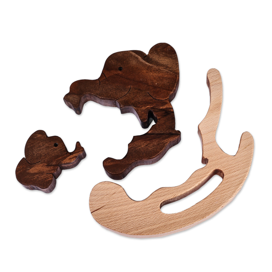 Hand-Carved Elephant-Themed 3-Piece Wood Puzzle Sculpture - Nesting Trunks