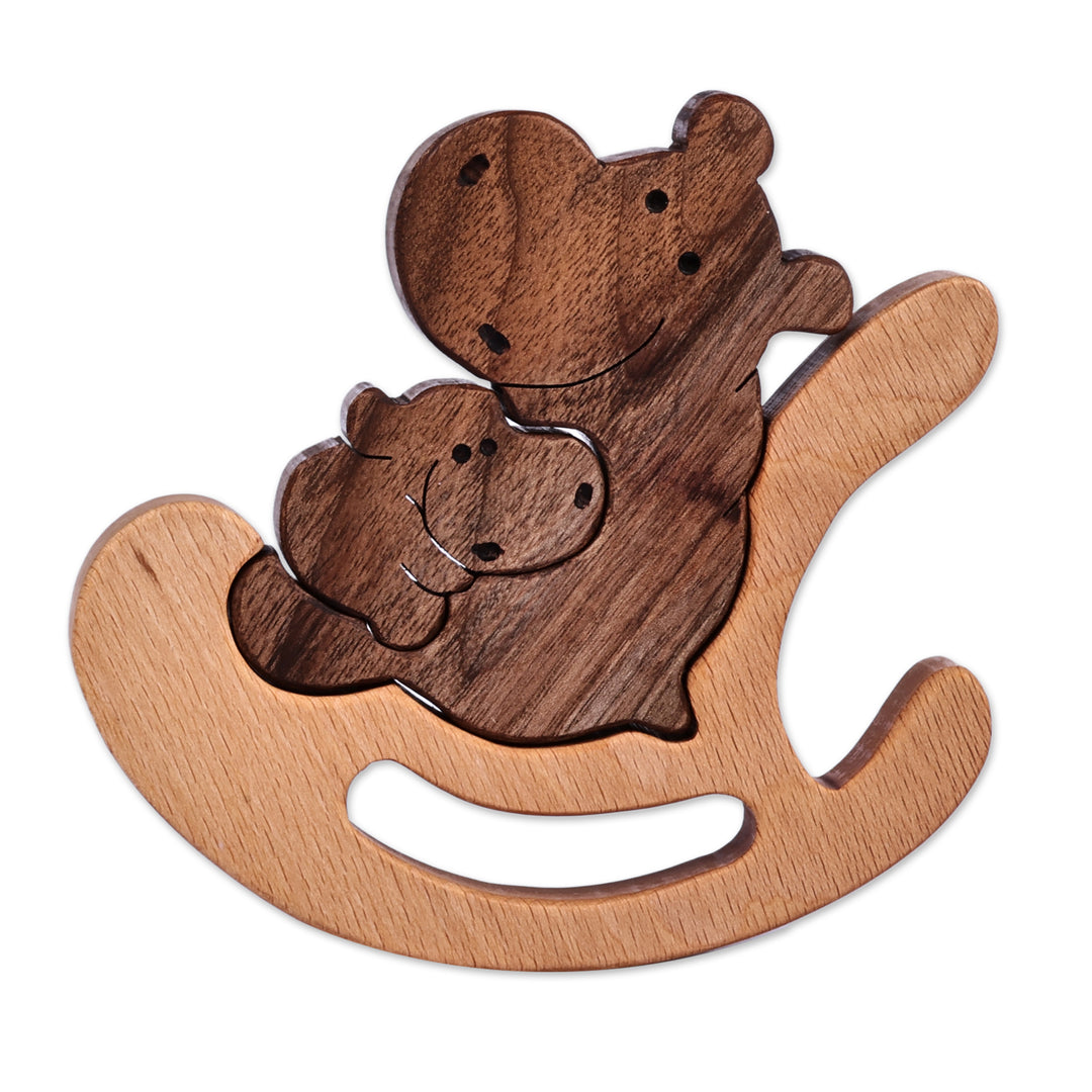 Artisan-Made Hippo-Themed 3-Piece Wood Puzzle Sculpture - Nesting Hippos