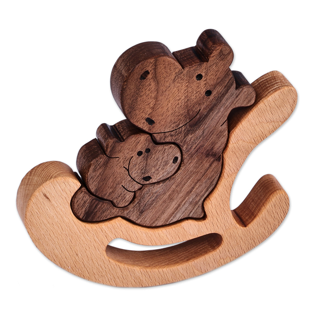 Artisan-Made Hippo-Themed 3-Piece Wood Puzzle Sculpture - Nesting Hippos