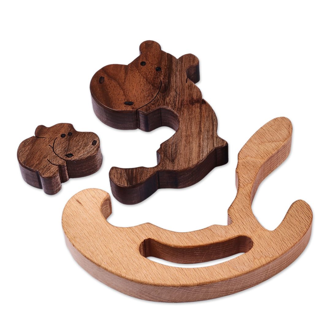 Artisan-Made Hippo-Themed 3-Piece Wood Puzzle Sculpture - Nesting Hippos