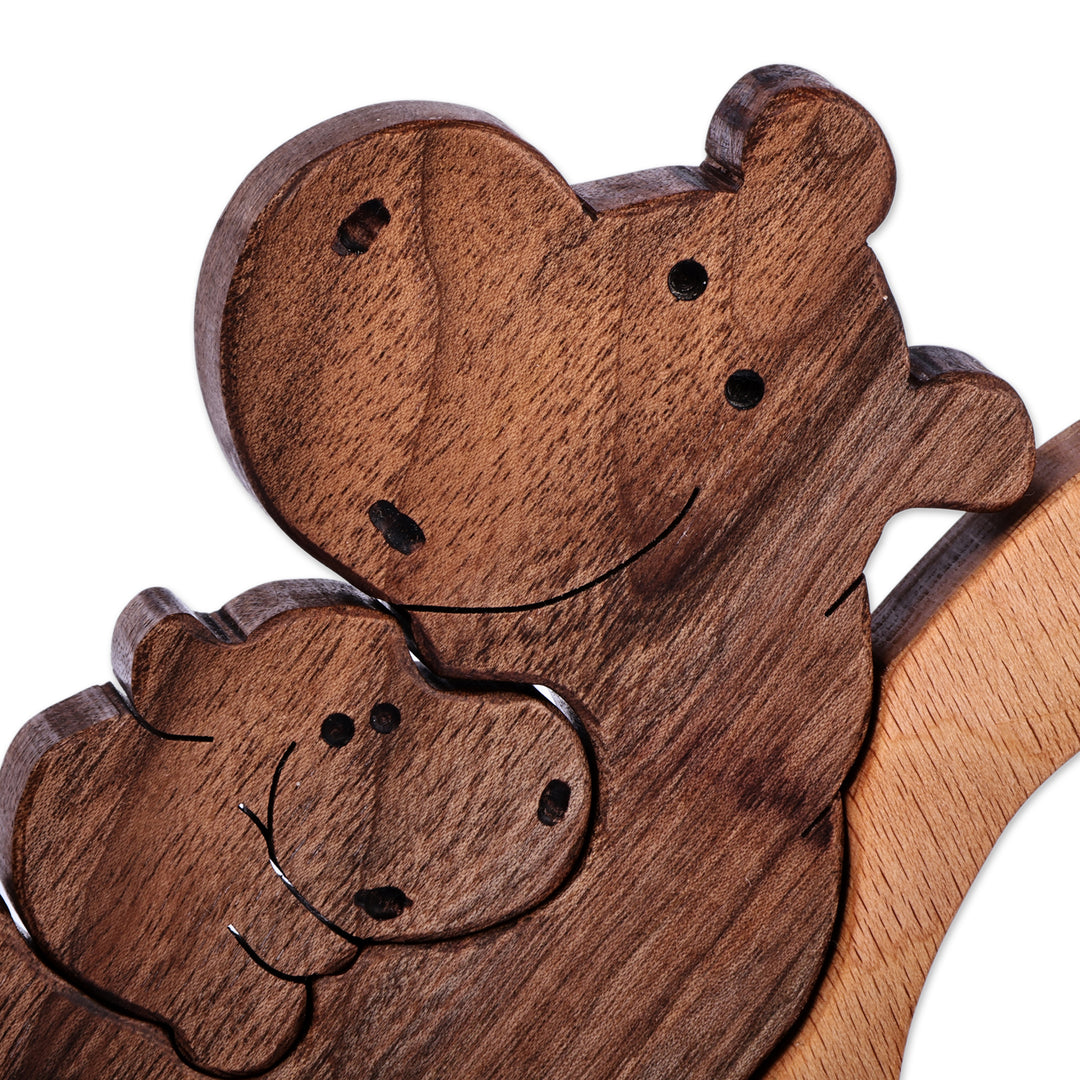 Artisan-Made Hippo-Themed 3-Piece Wood Puzzle Sculpture - Nesting Hippos