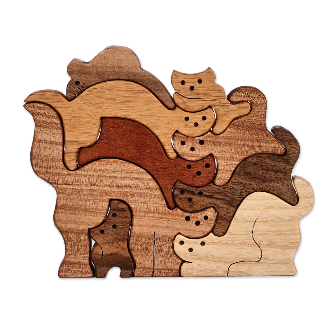 Hand-Carved Cat-Themed 9-Piece Wood Puzzle Made in Armenia - Feline Assembly
