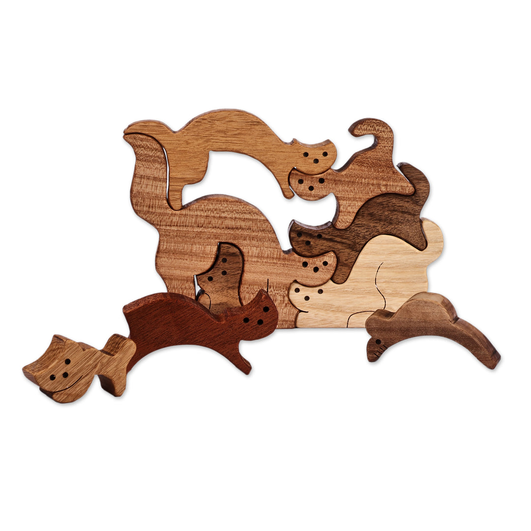 Hand-Carved Cat-Themed 9-Piece Wood Puzzle Made in Armenia - Feline Assembly