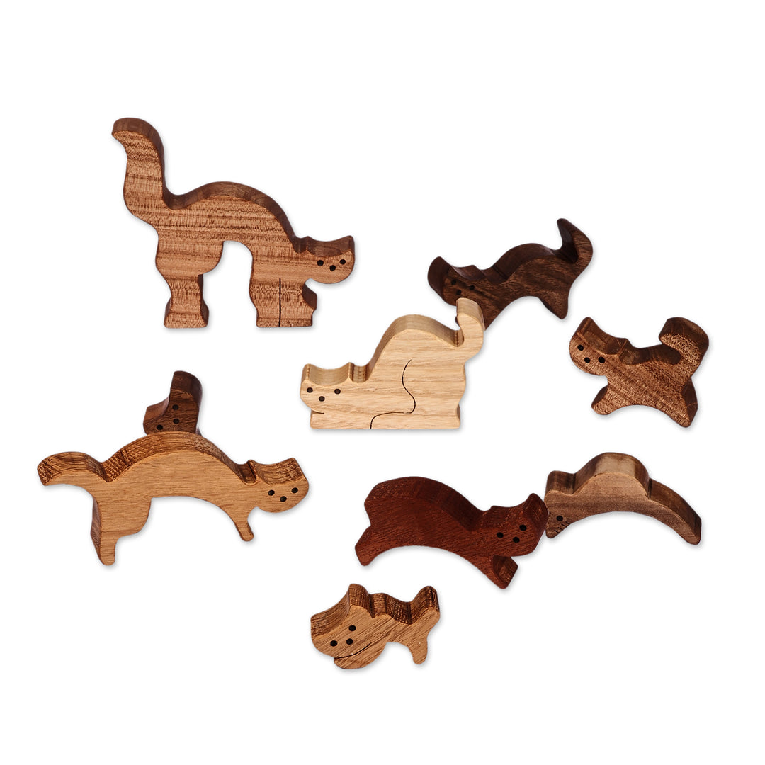 Hand-Carved Cat-Themed 9-Piece Wood Puzzle Made in Armenia - Feline Assembly