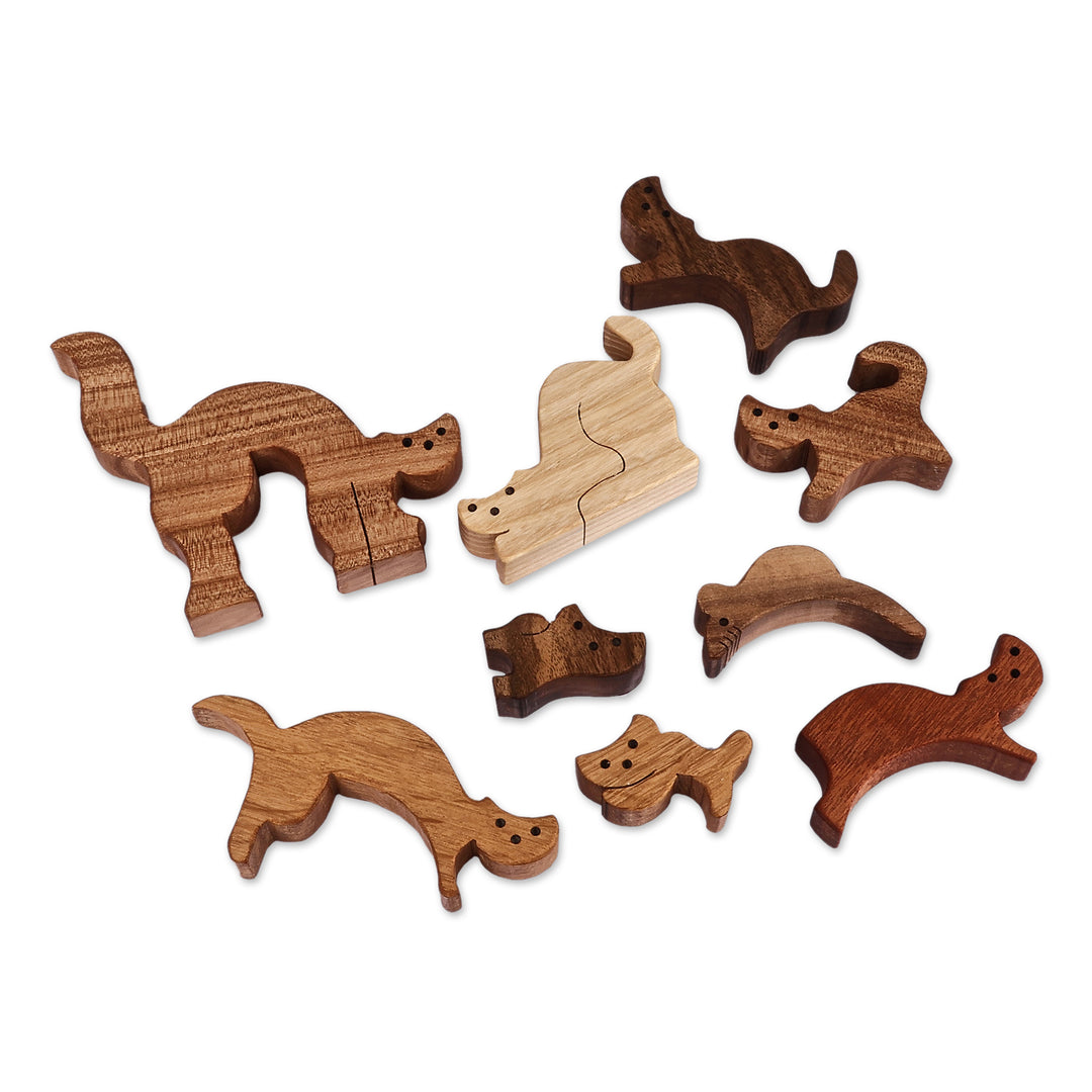 Hand-Carved Cat-Themed 9-Piece Wood Puzzle Made in Armenia - Feline Assembly
