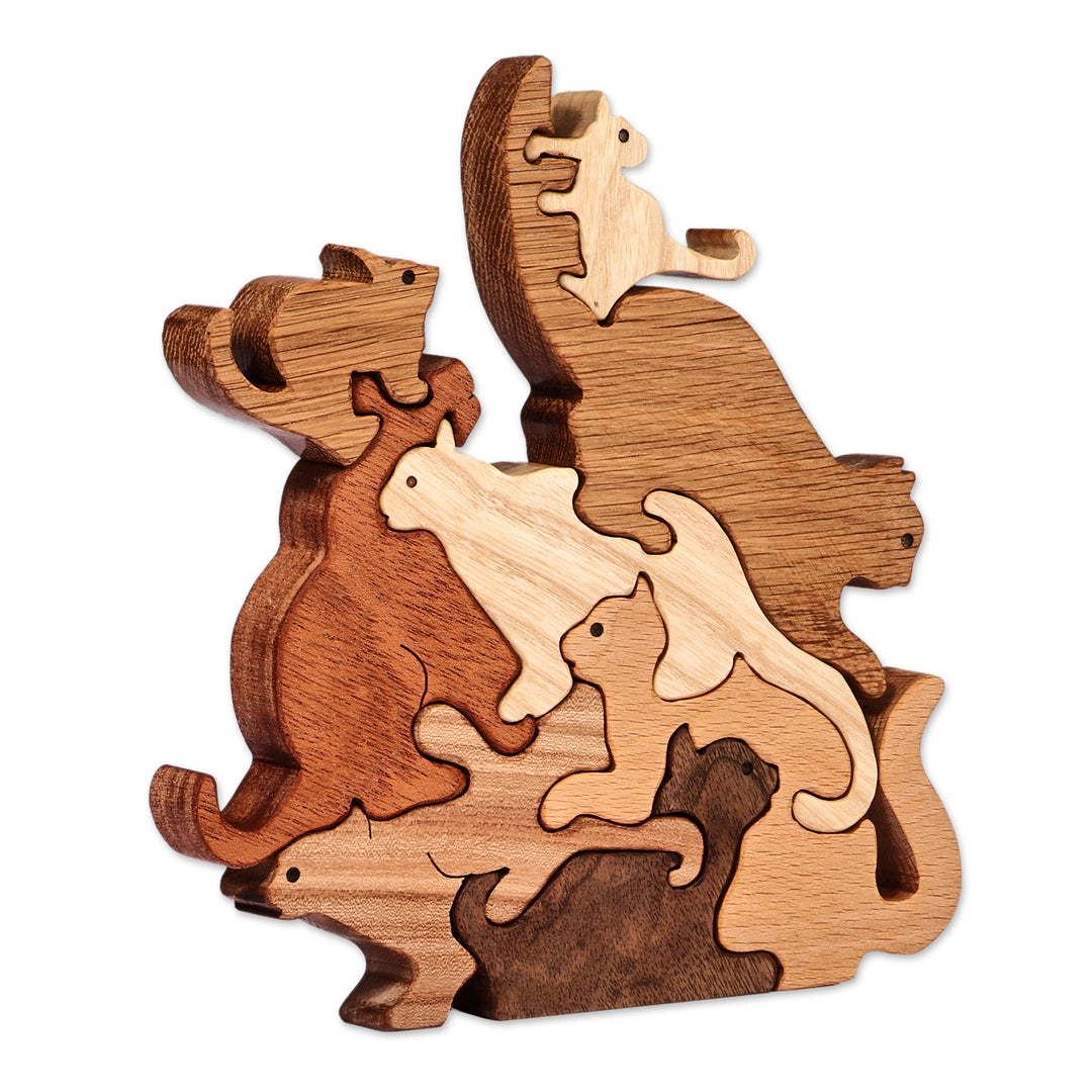 Artisan-Made Cat-Themed 8-Piece Wood Puzzle in Brown Hues - Cheeky Silhouettes