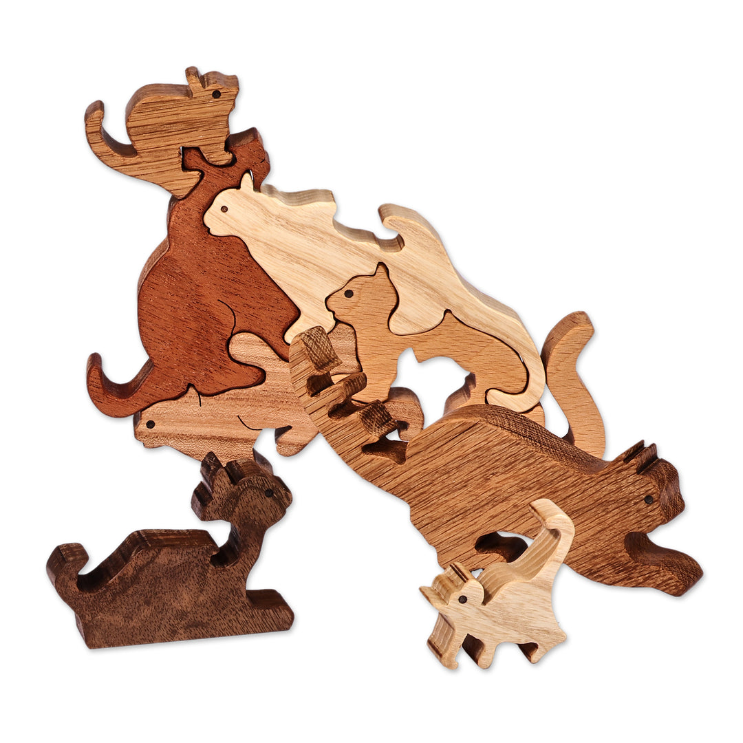 Artisan-Made Cat-Themed 8-Piece Wood Puzzle in Brown Hues - Cheeky Silhouettes