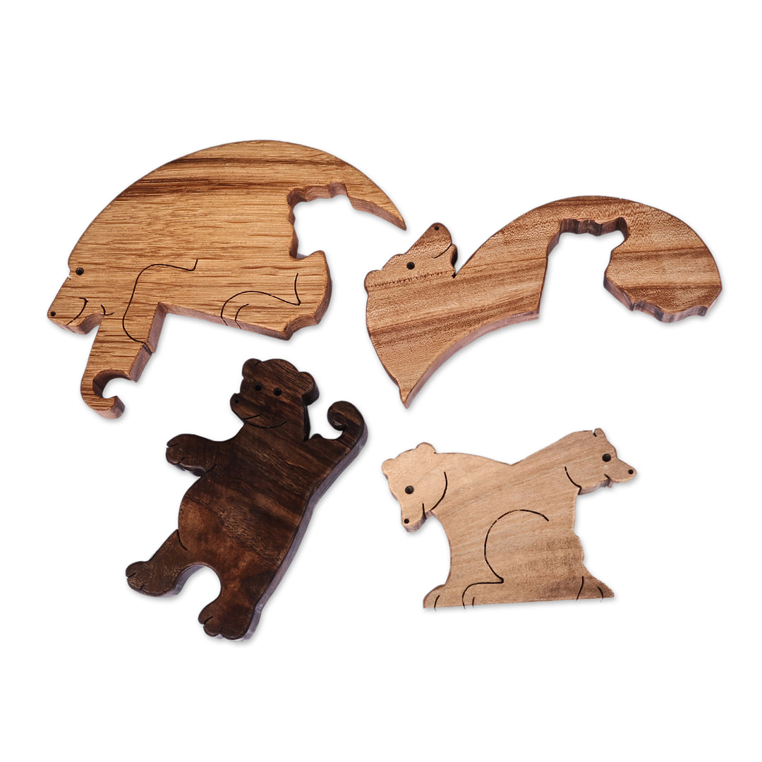 Nature-Themed Handmade 4-Piece Wood Bear Puzzle Sculpture - Bear Bond