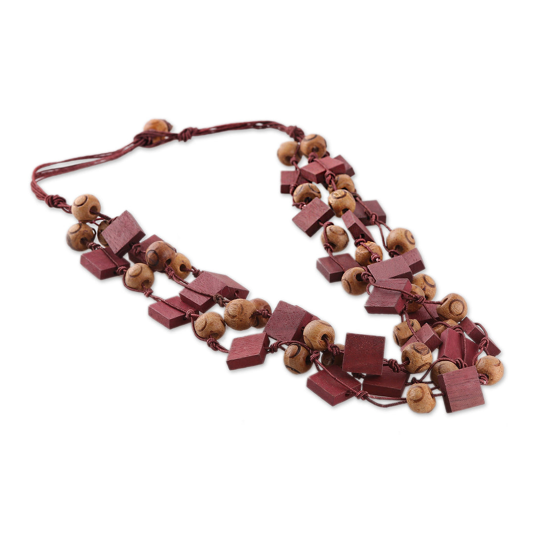 Bohemian Burgundy and Brown Wood Beaded Strand Necklace - Rustic Incantation
