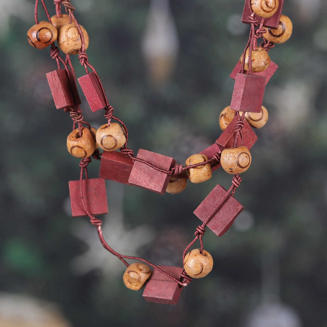 Bohemian Burgundy and Brown Wood Beaded Strand Necklace - Rustic Incantation