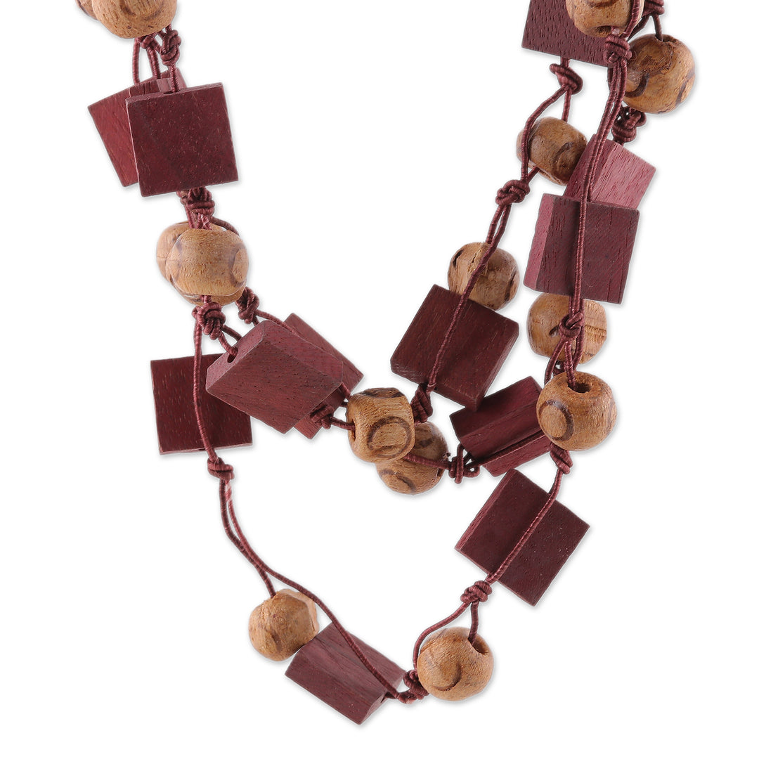 Bohemian Burgundy and Brown Wood Beaded Strand Necklace - Rustic Incantation