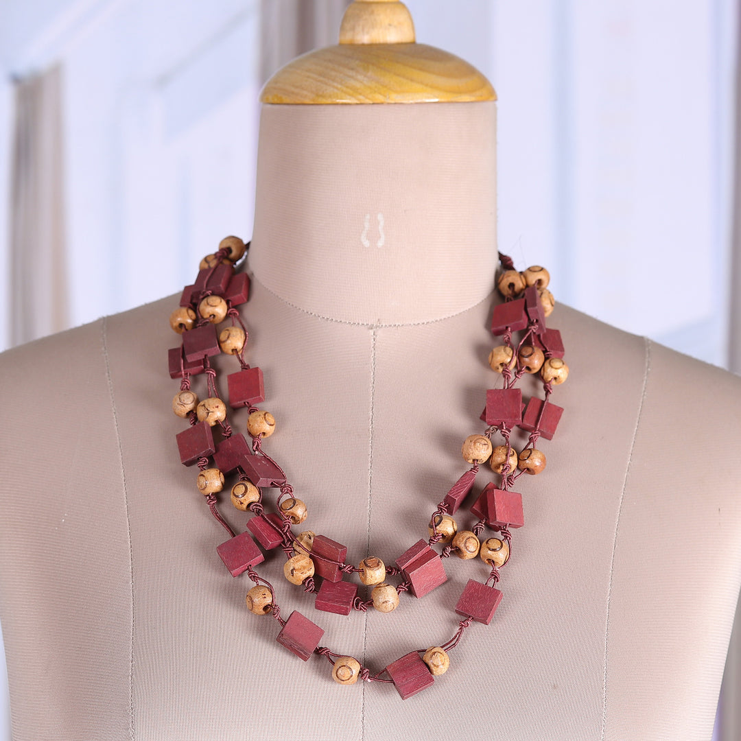 Bohemian Burgundy and Brown Wood Beaded Strand Necklace - Rustic Incantation