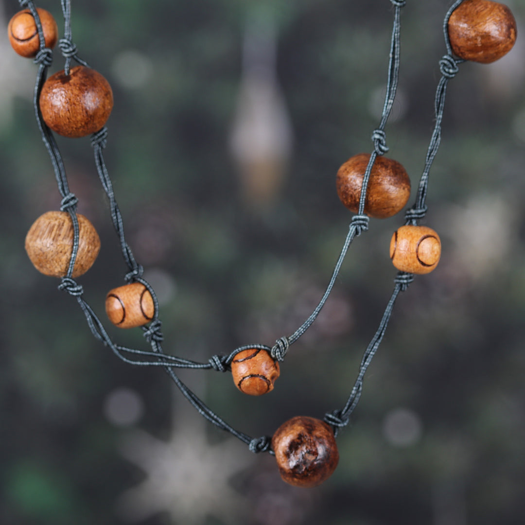Fair Trade Brown and Grey Haldu Wood Beaded Station Necklace - Grey Planets