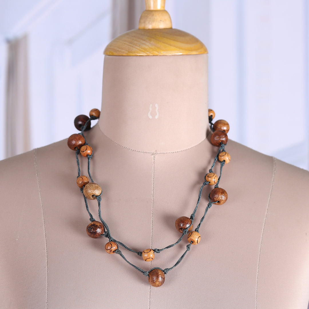 Fair Trade Brown and Grey Haldu Wood Beaded Station Necklace - Grey Planets