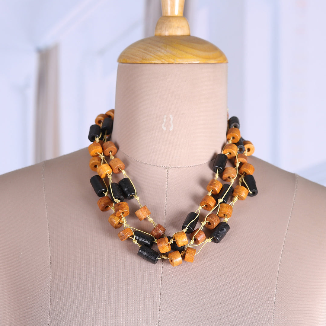 Brown and Black Haldu Wood Station Necklace Made in India - Solar Alliance