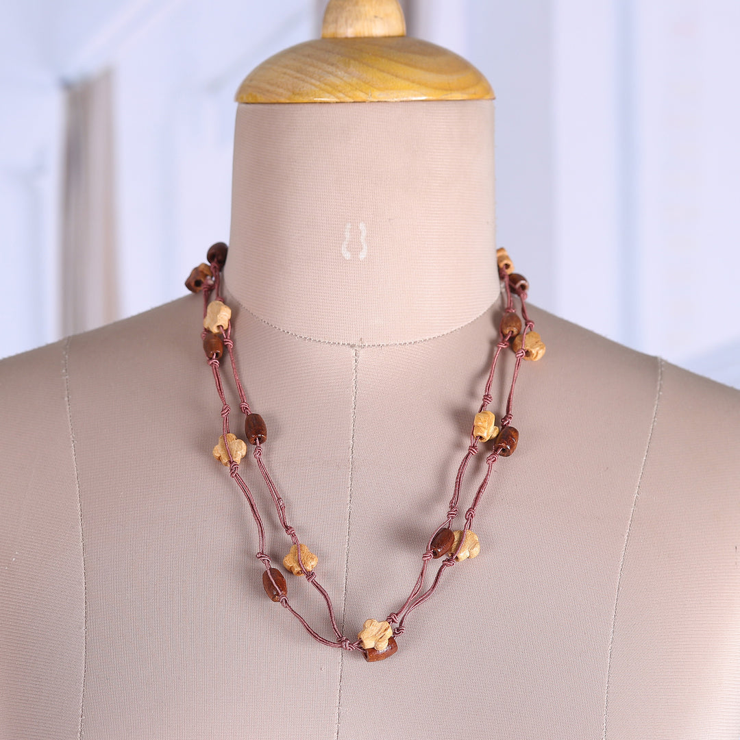 Star-Themed Bohemian Brown Haldu Wood Long Station Necklace - Starry Forest