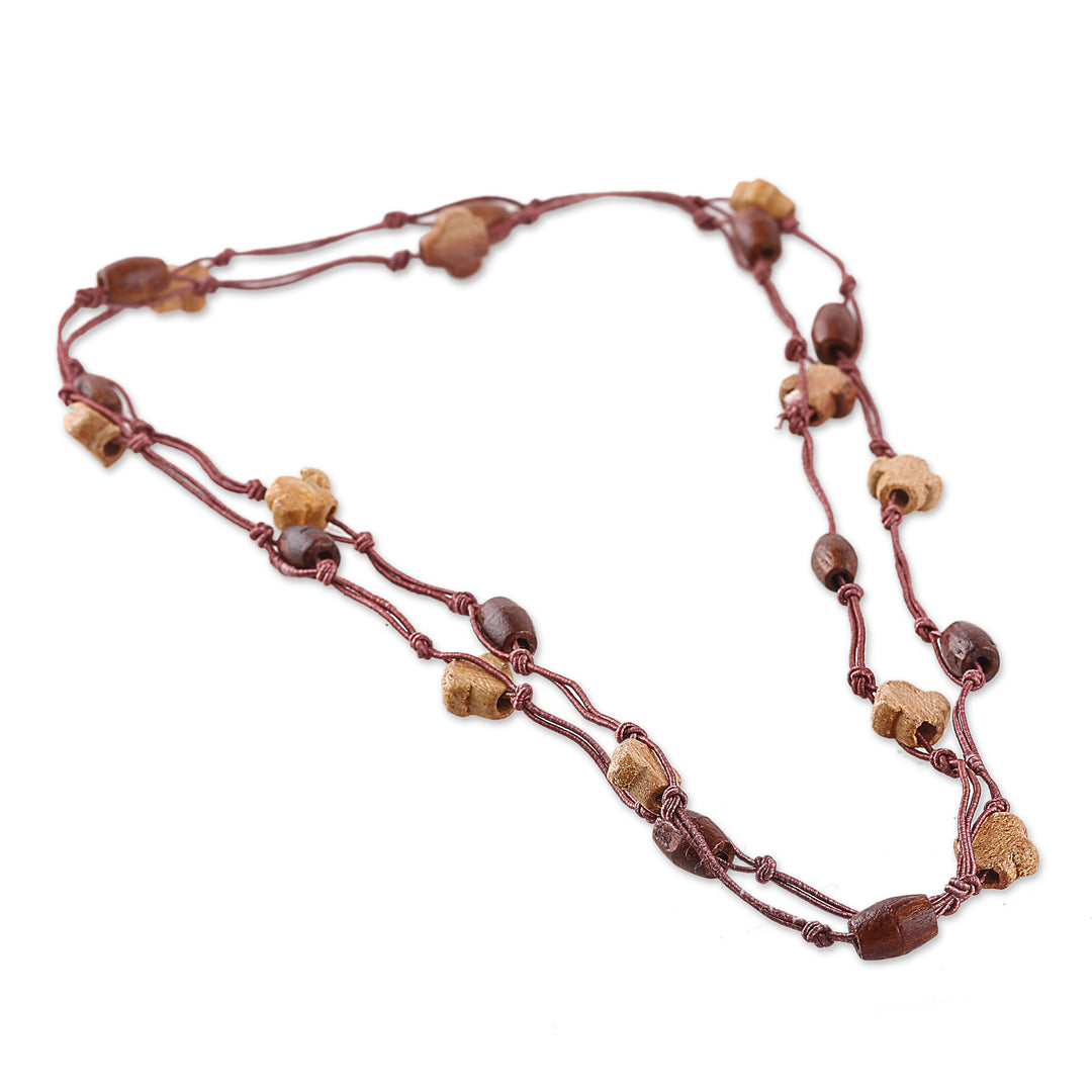 Star-Themed Bohemian Brown Haldu Wood Long Station Necklace - Starry Forest