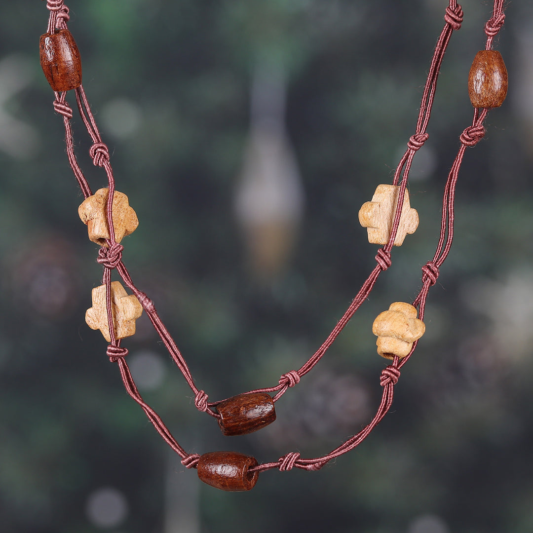 Star-Themed Bohemian Brown Haldu Wood Long Station Necklace - Starry Forest