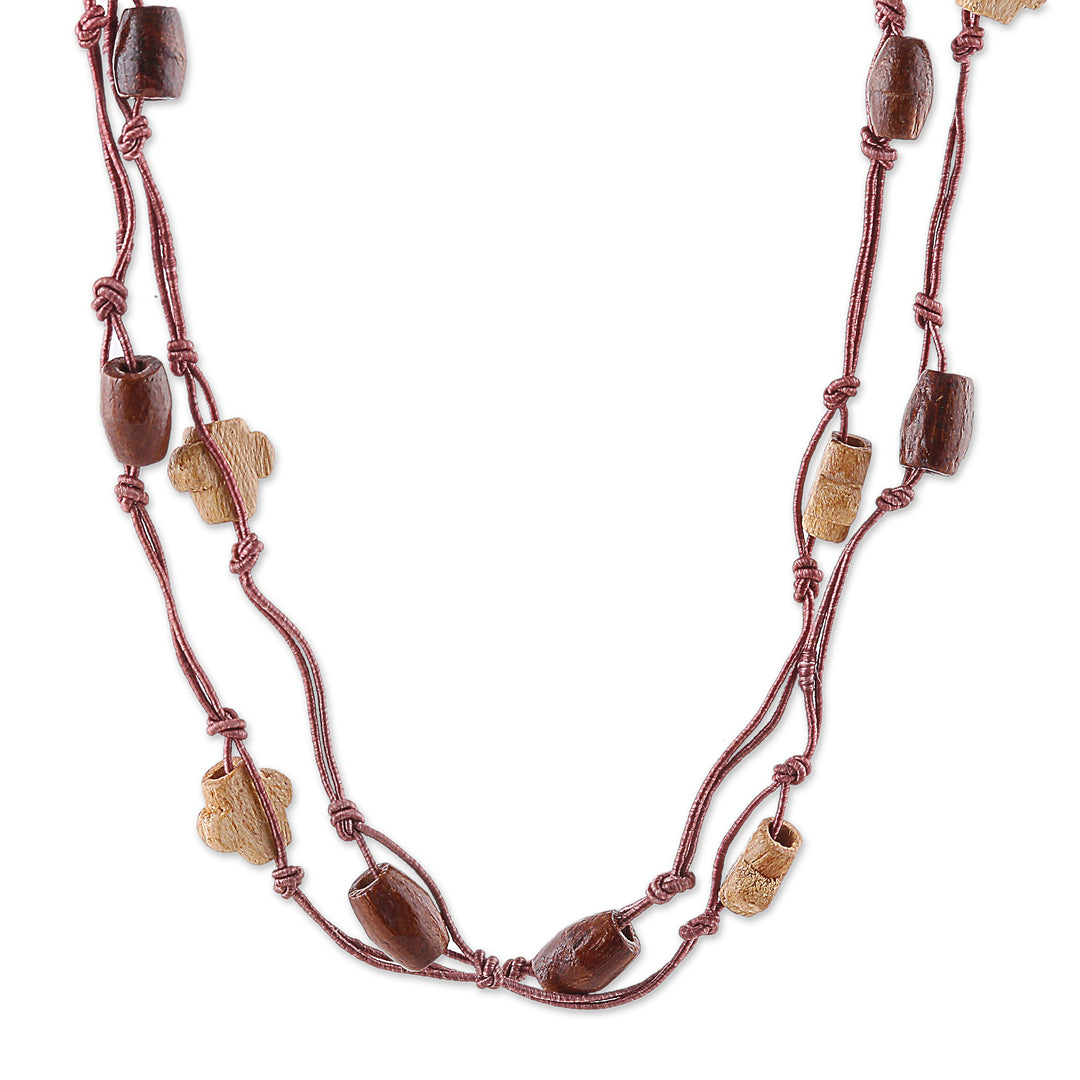 Star-Themed Bohemian Brown Haldu Wood Long Station Necklace - Starry Forest