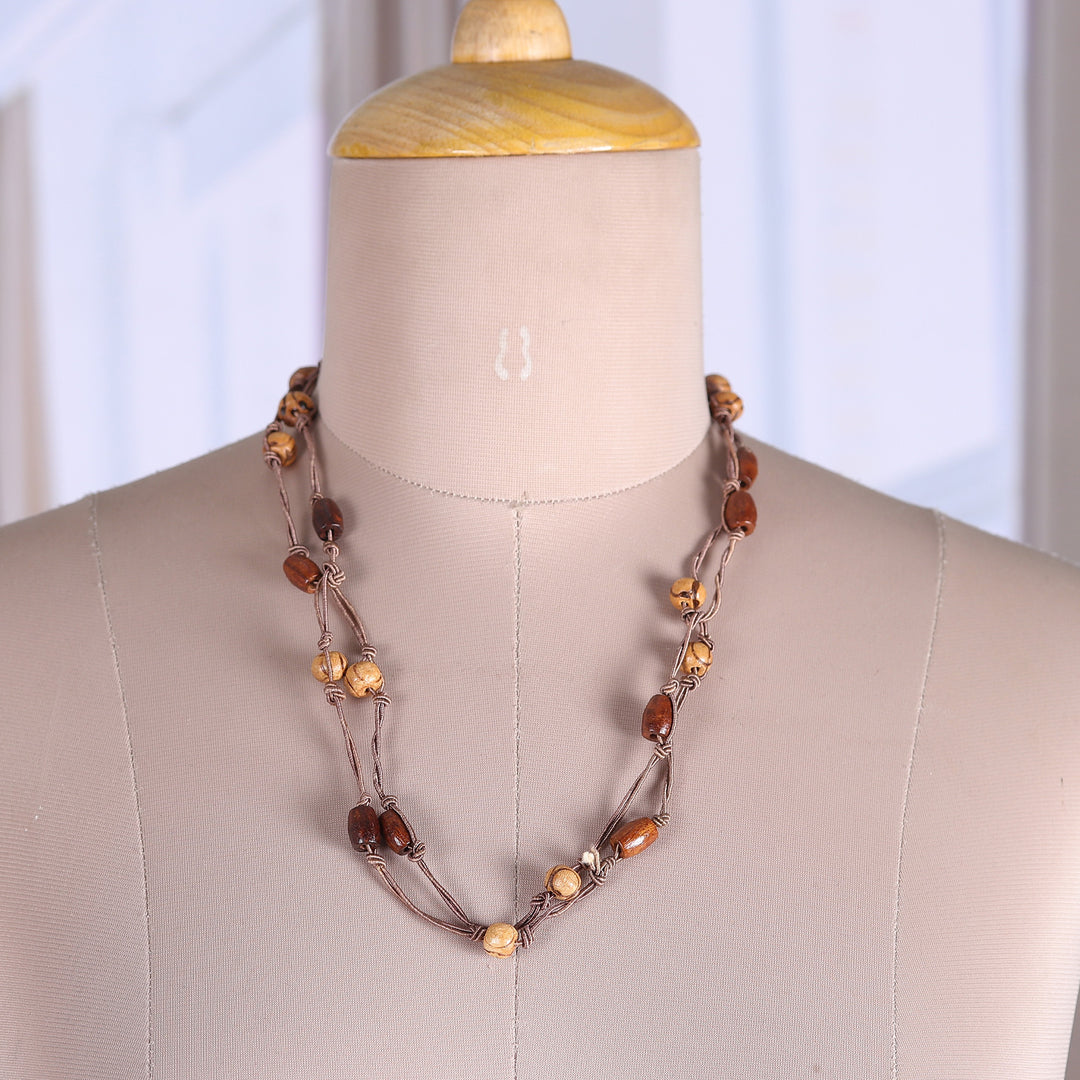 Artisan-Made Bohemian Haldu Wood Beaded Station Necklace - Earth Grandeur