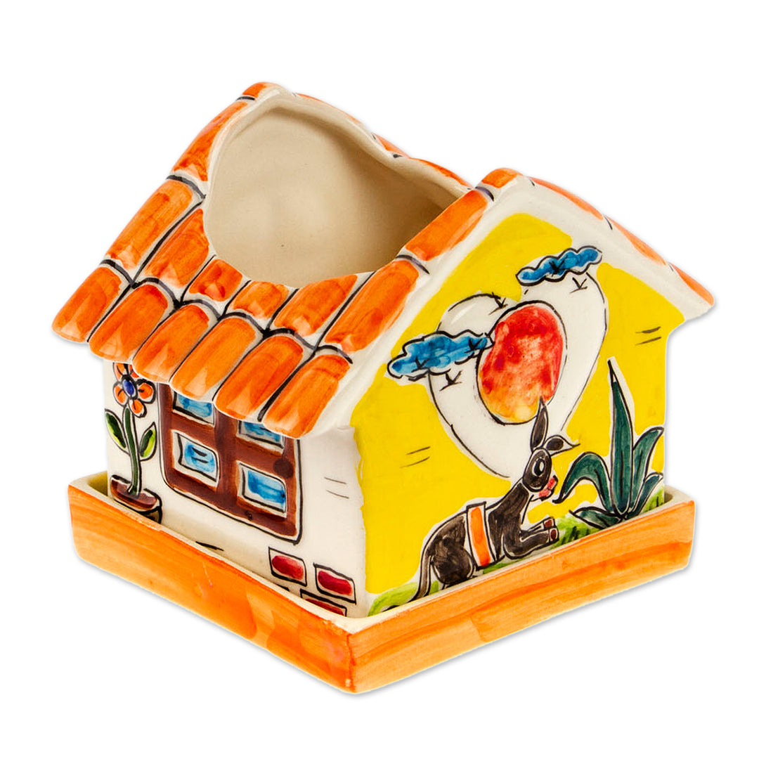 Hand-Painted House-Shaped Ceramic Mini Planter with Saucer - House in Nature