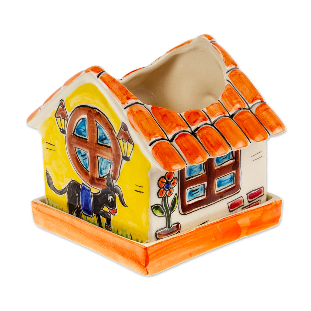 Hand-Painted House-Shaped Ceramic Mini Planter with Saucer - House in Nature