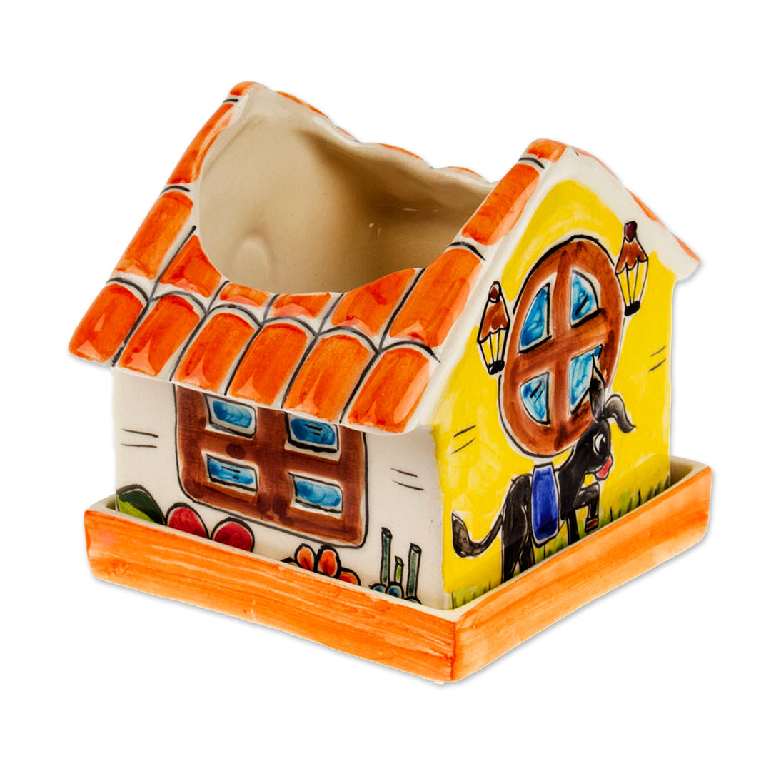 Hand-Painted House-Shaped Ceramic Mini Planter with Saucer - House in Nature