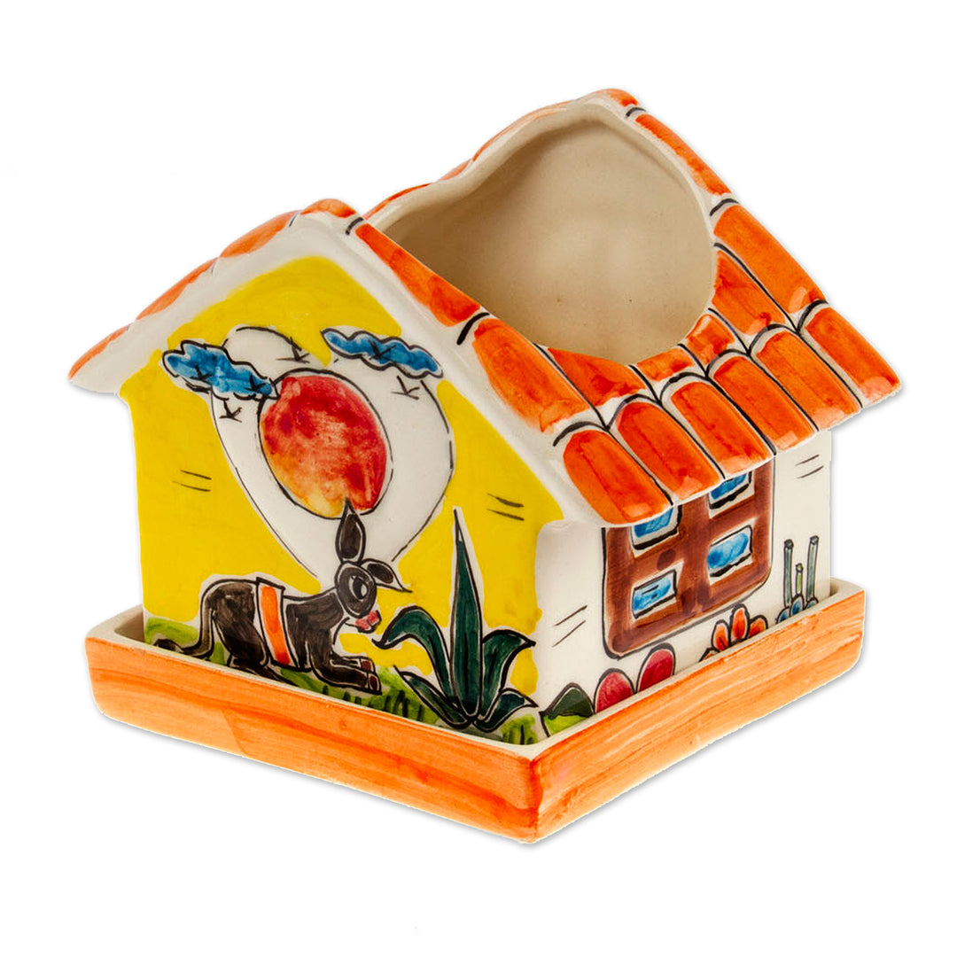 Hand-Painted House-Shaped Ceramic Mini Planter with Saucer - House in Nature