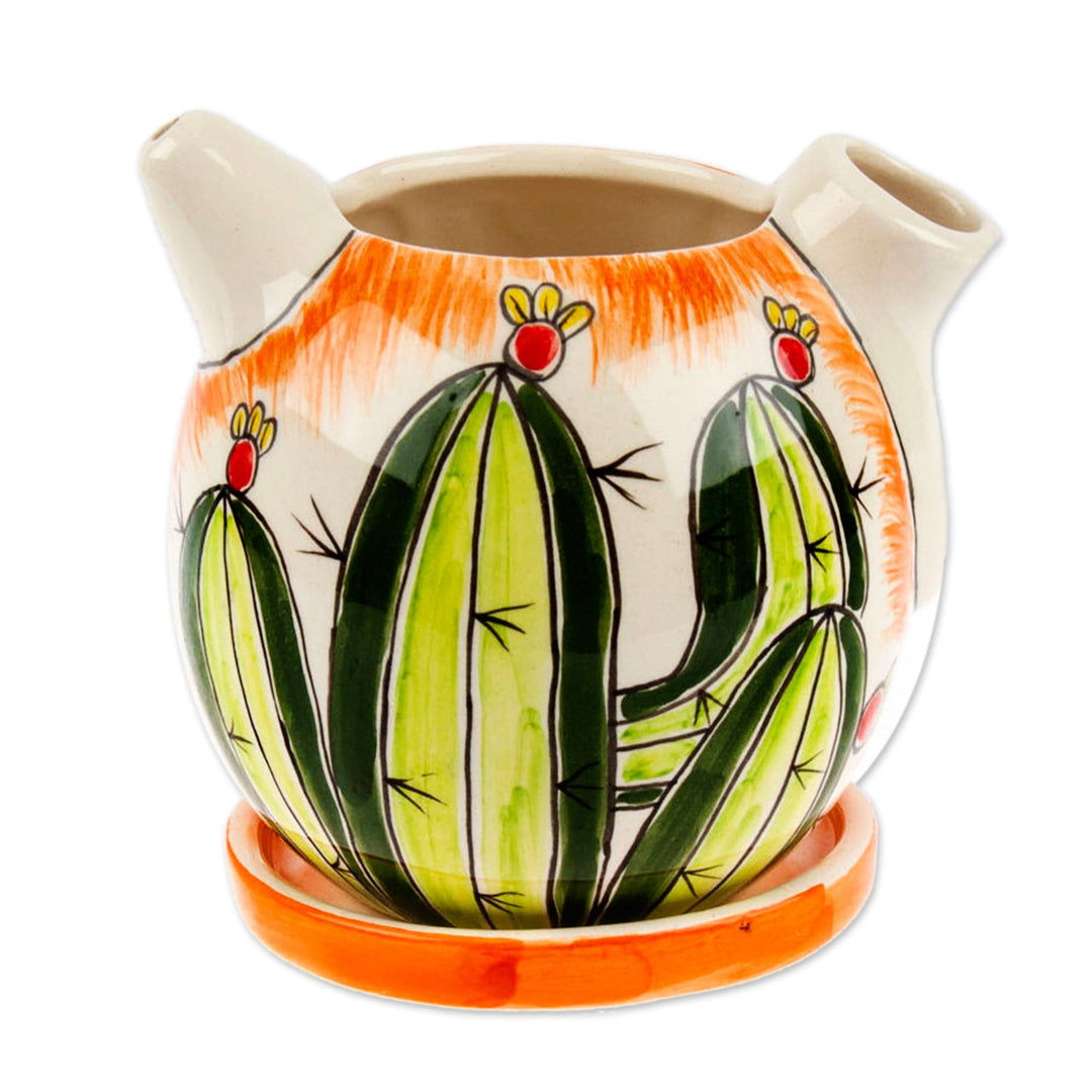 Coffee Pot-Shaped Ceramic Cactus Mini Planter with Saucer - Cactus Splendor