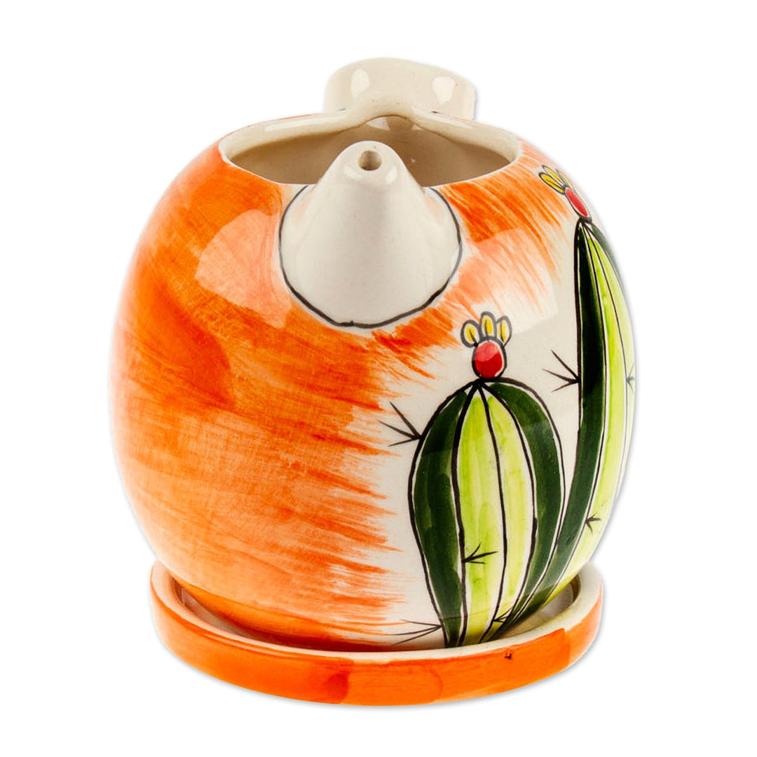 Coffee Pot-Shaped Ceramic Cactus Mini Planter with Saucer - Cactus Splendor