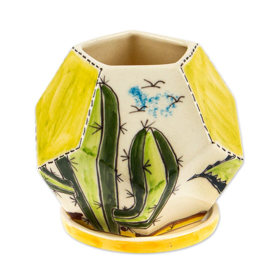 Hexagonal Cactus-Themed Ceramic Mini Planter with Saucer - Cactus Geometry